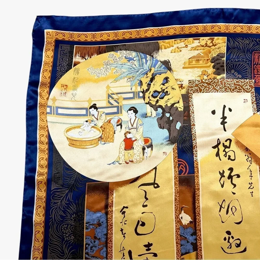 Chinese Mulberry Silk Scarf Blue Gold Calligraphy Children Scenes Nianhua Art